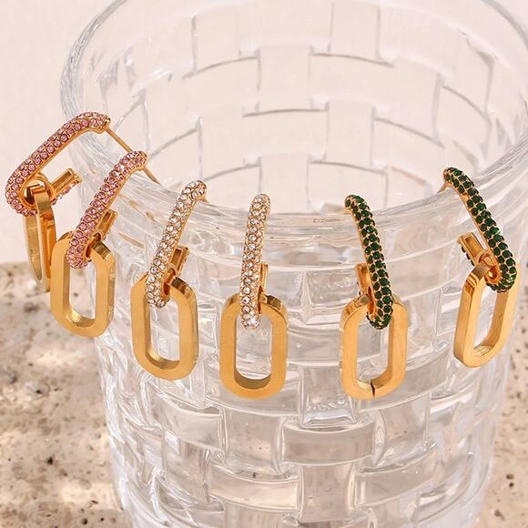 Green Zircon 18K Gold Plated Chain Drop Earrings Stainless Steel - Picture 7 of 7